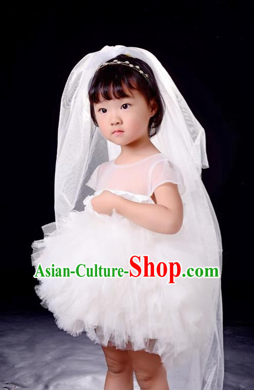 Top Grade Compere Professional Performance Catwalks Costume, Children Chorus White Bubble Formal Dress Modern Dance Baby Princess Modern Fancywork Long Trailing Dress for Girls Kids