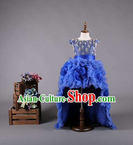 Top Grade Compere Professional Performance Catwalks Costume, Children Chorus Blue Bubble Formal Dress Modern Dance Baby Princess Ball Gown Modern Fancywork Long Trailing Dress for Girls Kids