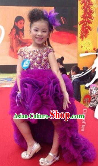 Top Grade Compere Professional Performance Catwalks Costume, Children Chorus Purple Bubble Formal Dress Modern Dance Baby Princess Ball Gown Modern Fancywork Long Trailing Dress for Girls Kids