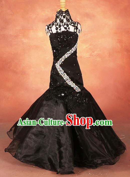 Top Grade Compere Professional Performance Catwalks Costume, Children Chorus Black Fishtail Formal Dress Modern Dance Baby Princess Mermaid Full Dress Modern Fancywork Long Dress for Girls Kids