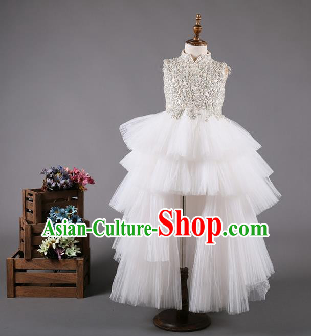 Top Grade Compere Professional Performance Catwalks Costume, Children Chorus White Bubble Full Dress Modern Dance Baby Princess Modern Fancywork Long Trailing Dress for Girls Kids