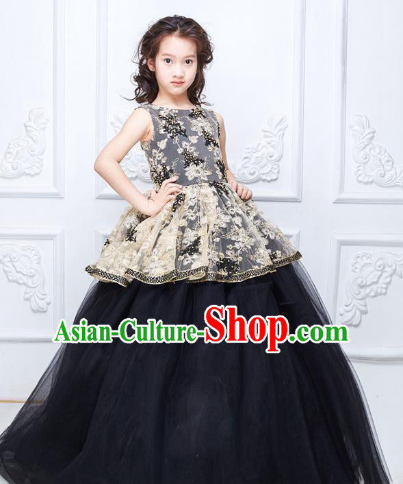 Top Grade Compere Professional Performance Catwalks Costume, Children Chorus Black Bubble Full Dress With Wings Modern Dance Baby Princess Modern Fancywork Ball Gown Long Dress for Girls Kids