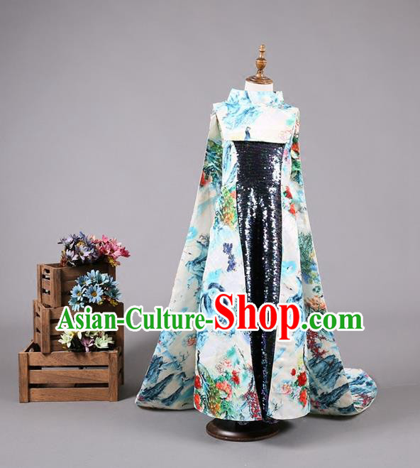 Top Grade Compere Professional Performance Catwalks Costume, Children Chorus China Style Cheongsam Full Dress Modern Dance Baby Princess Modern Fancywork Long Trailing Dress for Girls Kids