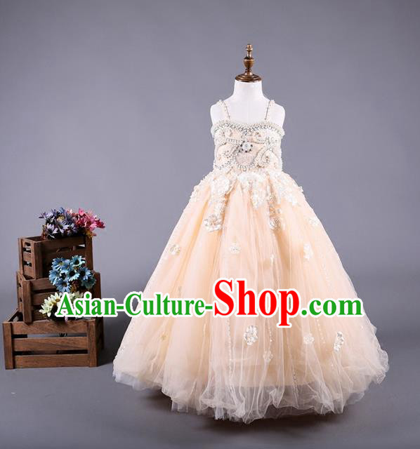 Top Grade Compere Professional Performance Catwalks Costume, Children Chorus Champagne Wedding Veil Full Dress Modern Dance Baby Princess Modern Fancywork Long Dress for Girls Kids