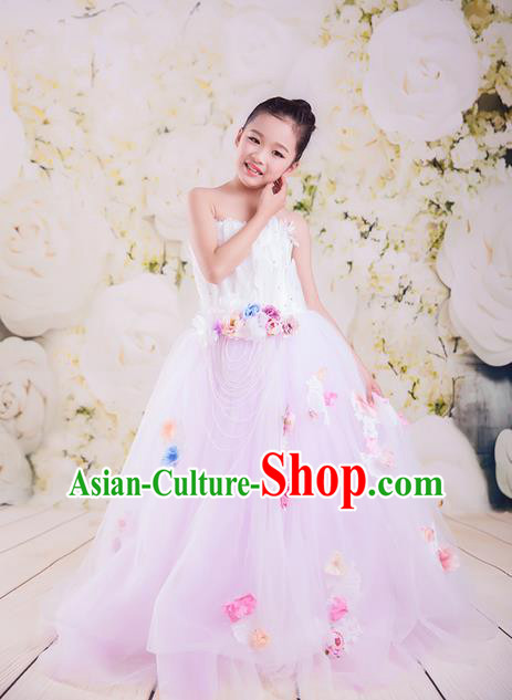 Top Grade Compere Professional Performance Catwalks Costume, Children Chorus Customize Pink Bubble Full Dress Modern Dance Baby Princess Modern Fancywork Ball Gown Long Dress for Girls Kids