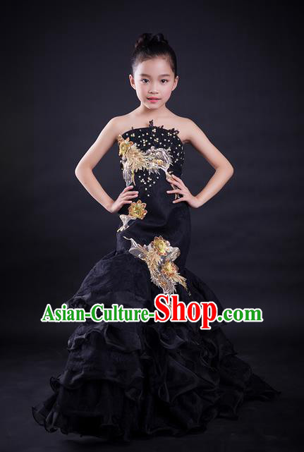 Top Grade Compere Professional Performance Catwalks Costume, Children Chorus Customize Black Cheongsam Fishtail Full Dress Modern Dance Baby Princess Modern Fancywork Ball Gown Long Mermaid Dress for Girls Kids