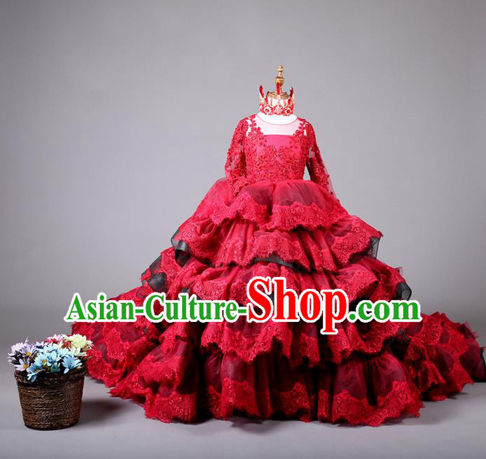 Top Grade Compere Professional Performance Catwalks Costume, Children Chorus Customize Red Bubble Full Dress Modern Dance Baby Princess Modern Fancywork Ball Gown Layered Dress for Girls Kids