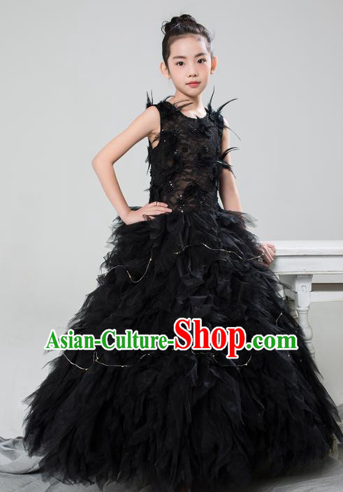 Top Grade Compere Professional Performance Catwalks Costume, Children Chorus Customize Black Feathers Bubble Full Dress Modern Dance Baby Princess Modern Fancywork Long Dress for Girls Kids