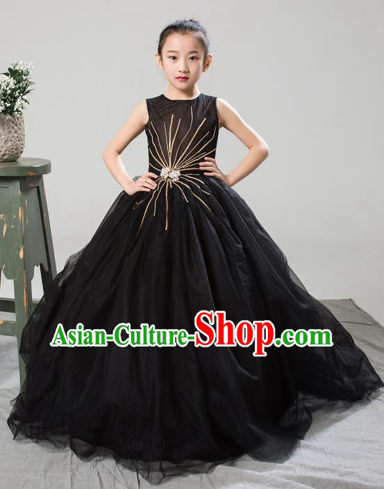 Top Grade Compere Professional Performance Catwalks Costume, Children Chorus Customize Black Bubble Full Dress Modern Dance Baby Princess Modern Fancywork Long Trailing Dress for Girls Kids