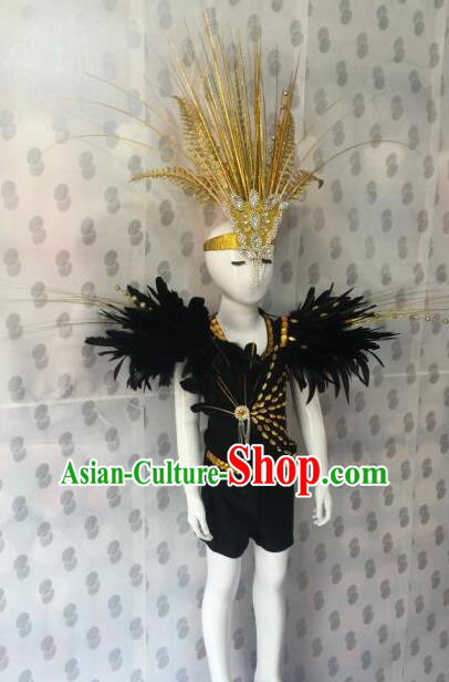 Top Grade Compere Professional Performance Catwalks Costume, Children Chorus Black Feather Clothing Modern Dance Modern Fancywork Clothing for Boys Kids