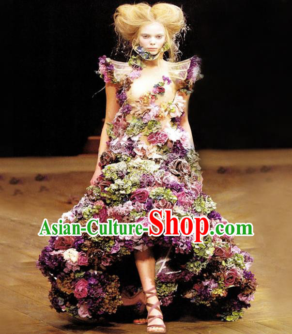 Top Grade Compere Professional Performance Catwalks Costume, Children Chorus Handmade Customize Long Trailing Flowers Full Dress Modern Dance Baby Princess Modern Fancywork Ball Gown Dress for Girls Kids