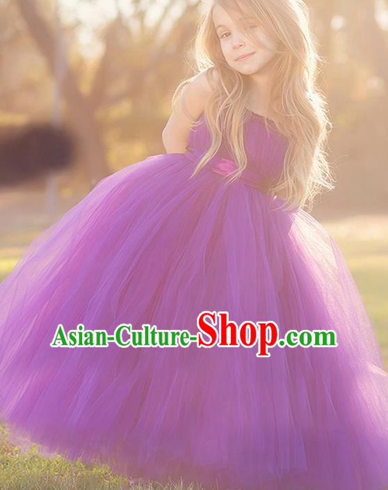 Top Grade Compere Professional Performance Catwalks Costume, Children Chorus Handmade Customize Purple Bubble Full Dress Modern Dance Baby Princess Modern Fancywork Ball Gown Dress for Girls Kids