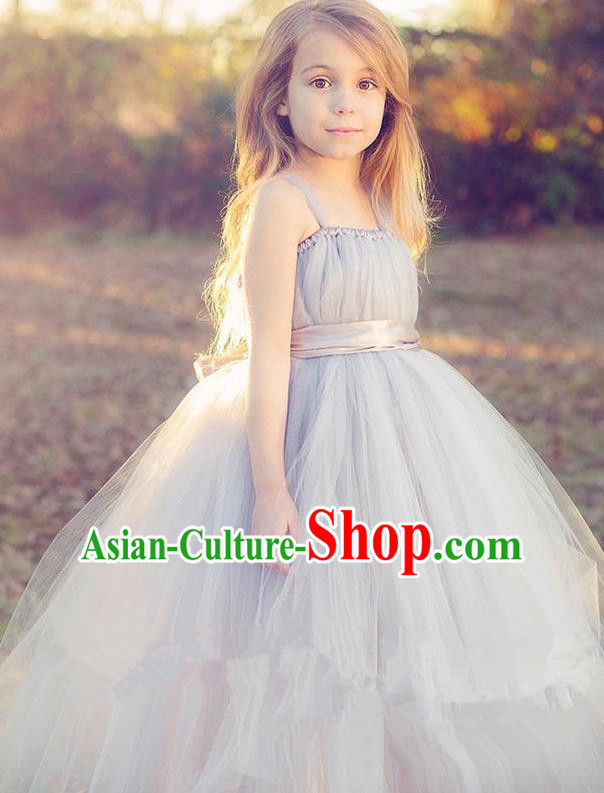 Top Grade Compere Professional Performance Catwalks Costume, Children Chorus Handmade Customize Grey Bubble Full Dress Modern Dance Baby Princess Modern Fancywork Ball Gown Dress for Girls Kids