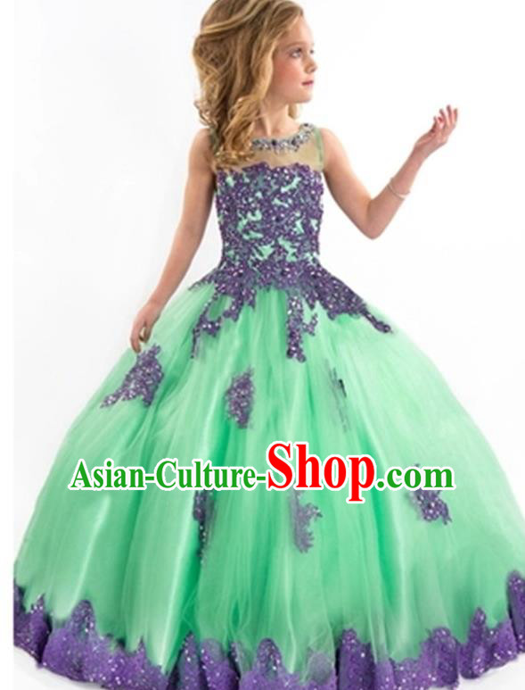 Top Grade Compere Professional Performance Catwalks Costume, Children Chorus Handmade Customize Green Veil Bubble Full Dress Modern Dance Baby Princess Modern Fancywork Ball Gown Long Dress for Girls Kids