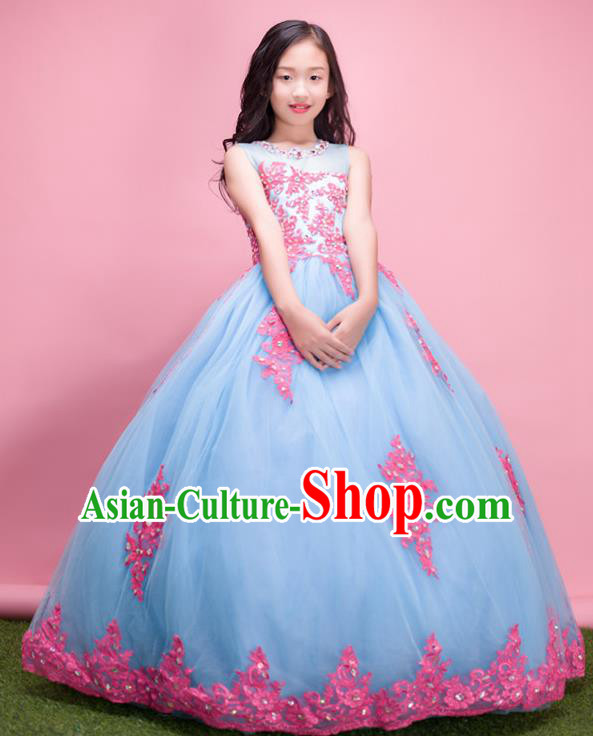 Top Grade Compere Professional Performance Catwalks Costume, Children Chorus Handmade Customize Blue Veil Bubble Full Dress Modern Dance Baby Princess Modern Fancywork Ball Gown Long Dress for Girls Kids