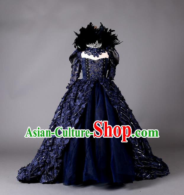 Top Grade Compere Professional Performance Catwalks Costume, Children Chorus Handmade Customize Blue Full Dress Modern Dance Baby Queen Modern Fancywork Ball Gown Long Trailing Dress for Girls Kids