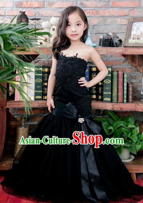 Top Grade Compere Professional Performance Catwalks Costume, Children Chorus Black Fishtail Formal Dress Modern Dance Baby Princess Modern Fancywork Ball Gown Long Mermaid Dress for Girls Kids