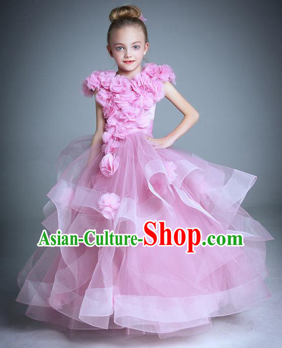 Top Grade Compere Professional Performance Catwalks Costume, Children Chorus Handmade Customize Pink Flowers Bubble Full Dress Modern Dance Baby Princess Modern Fancywork Ball Gown Long Trailing Dress for Girls Kids