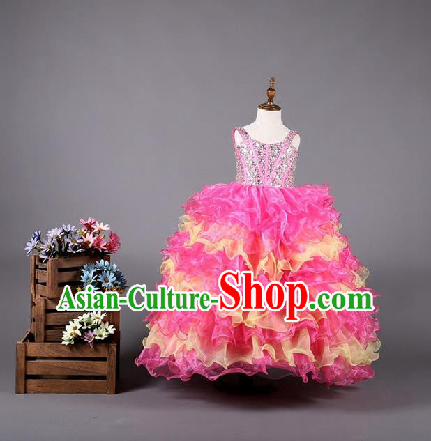 Top Grade Compere Professional Performance Catwalks Costume, Children Chorus Handmade Customize Pink Bubble Full Dress Modern Dance Baby Princess Modern Fancywork Ball Gown Long Dress for Girls Kids