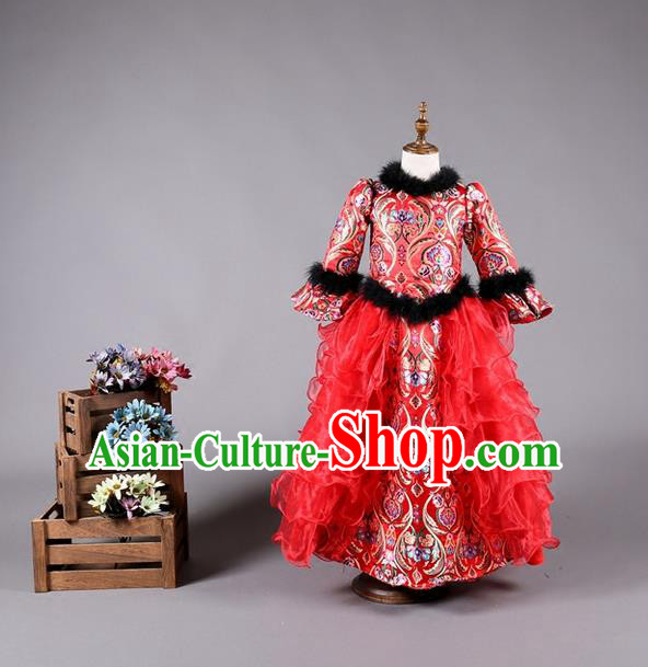 Top Grade Compere Professional Performance Catwalks Costume, China Tang Suit Red Cheongsam Children Chorus Formal Dress Modern Dance Baby Princess Modern Fancywork Long Trailing Dress for Girls Kids