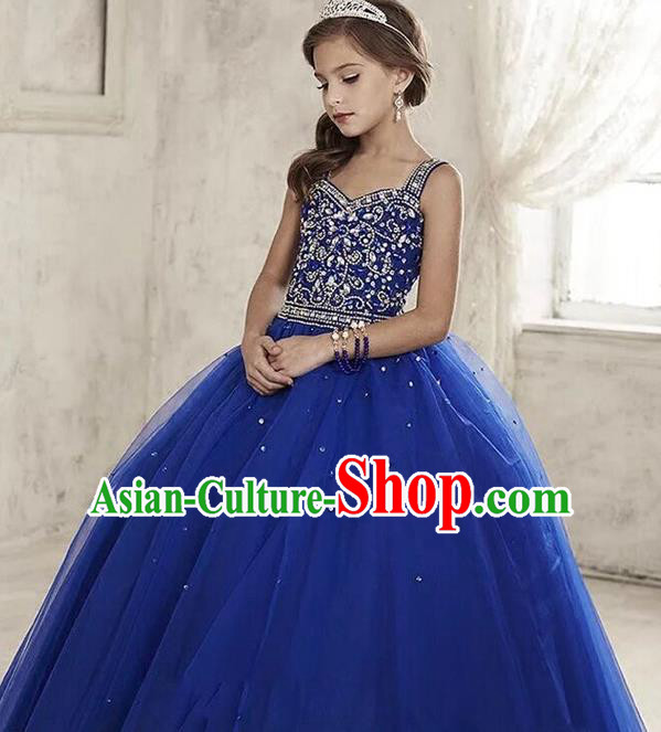 Top Grade Compere Professional Performance Catwalks Costume, Children Chorus Handmade Customize Blue Veil Crystal Bubble Full Dress Modern Dance Baby Princess Modern Fancywork Ball Gown Long Dress for Girls Kids