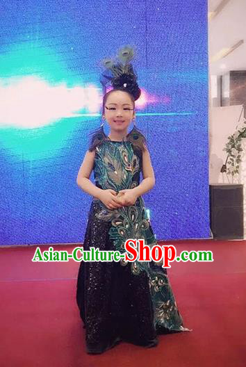 Top Grade Compere Professional Performance Catwalks Costume, Children Chorus Handmade Customize Blue Feather Peacock Full Dress Modern Dance Baby Princess Modern Fancywork Ball Gown Long Trailing Dress for Girls Kids