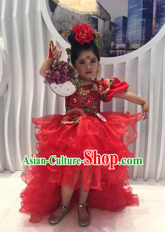 Top Grade Compere Professional Performance Catwalks Costume, Children Chorus Handmade Customize Red Full Dress Modern Dance Baby Princess Modern Fancywork Ball Gown Long Trailing Dress for Girls Kids