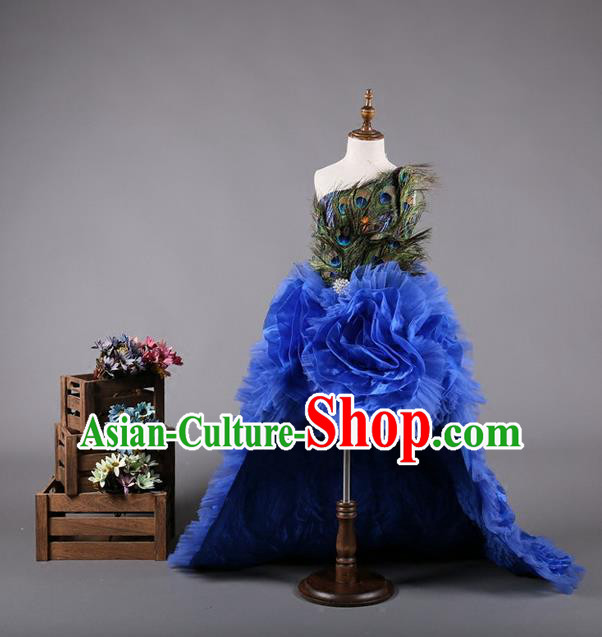 Top Grade Compere Professional Performance Catwalks Costume, Children Chorus Handmade Customize Peacock Feather Full Dress Modern Dance Baby Princess Modern Fancywork Ball Gown Long Trailing Dress for Girls Kids