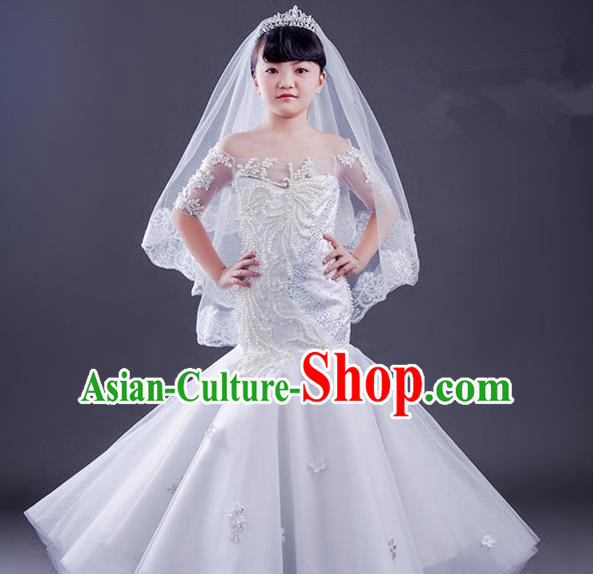 Top Grade Compere Professional Performance Catwalks Costume, Children Chorus White Fishtail Wedding Full Dress Modern Dance Baby Princess Modern Fancywork Ball Gown Long Mermaid Dress for Girls Kids