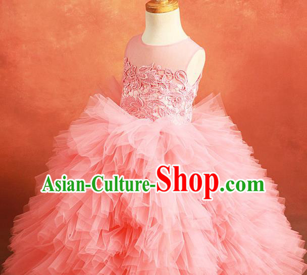 Top Grade Compere Professional Performance Catwalks Costume, Children Chorus Customize Pink Wedding Bubble Full Dress Modern Dance Baby Princess Modern Fancywork Ball Gown Short Dress for Girls Kids