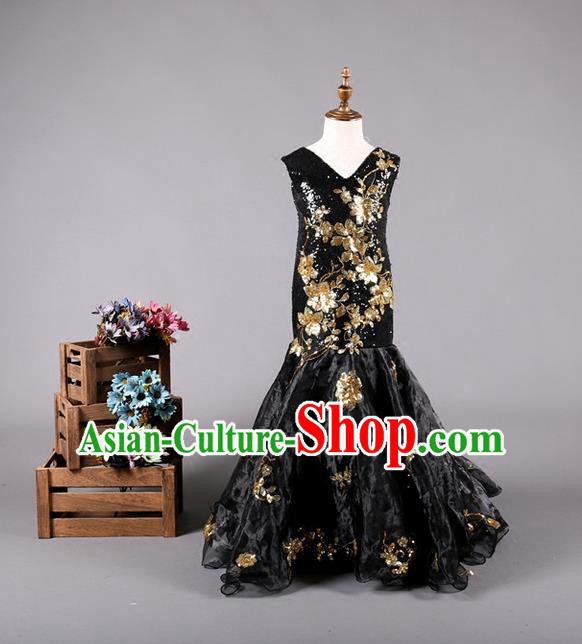 Top Grade Compere Professional Performance Catwalks Costume, Children Chorus Customize Black Fishtail Formal Dress Modern Dance Baby Princess Modern Fancywork Ball Gown Long Mermaid Dress for Girls Kids