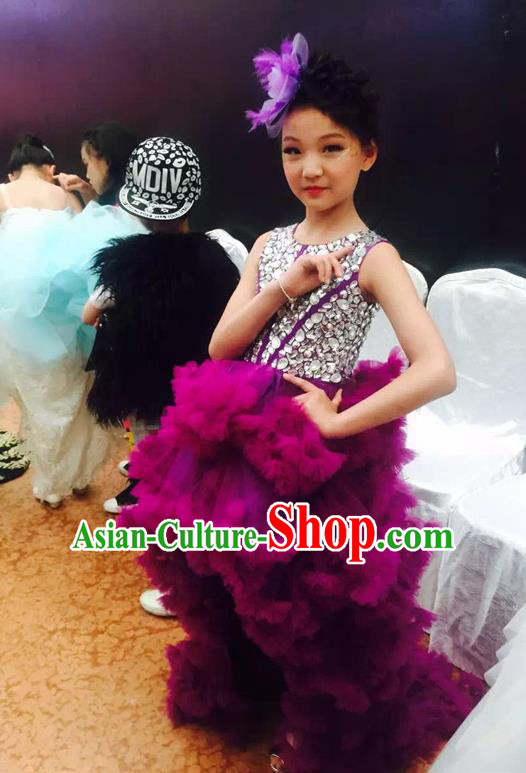 Top Grade Compere Professional Performance Catwalks Costume, Children Chorus Customize Purple Bubble Formal Dress Modern Dance Baby Princess Modern Fancywork Ball Gown Long Trailing Dress for Girls Kids