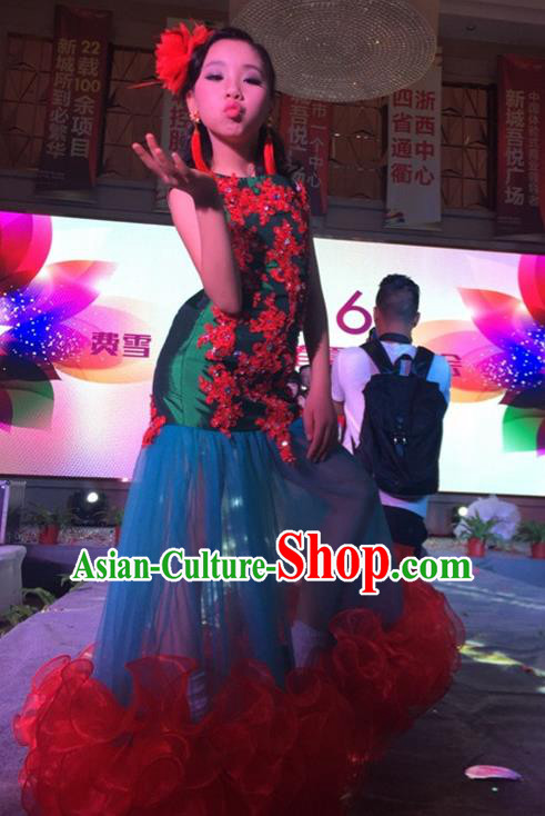 Top Grade Compere Professional Performance Catwalks Costume, Children Chorus Customize Fishtail Bubble Formal Dress Modern Dance Baby Princess Modern Fancywork Ball Gown Long Trailing Mermaid Dress for Girls Kids