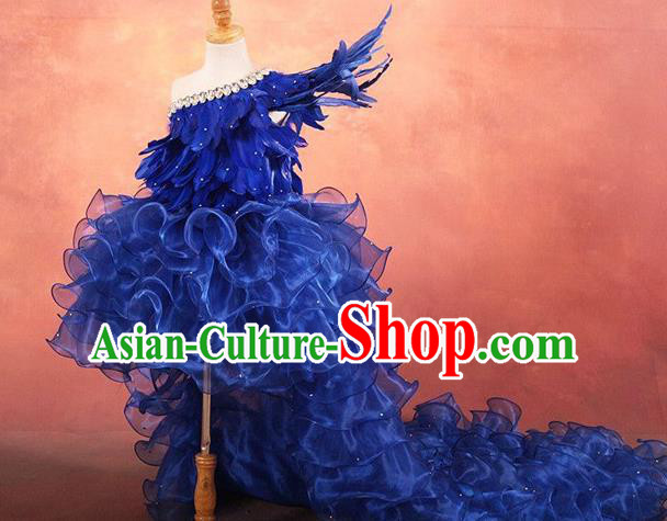 Top Grade Compere Professional Performance Catwalks Costume, Children Chorus Customize Blue Bubble Full Dress Modern Dance Baby Princess Modern Fancywork Ball Gown Long Trailing Dress for Girls Kids