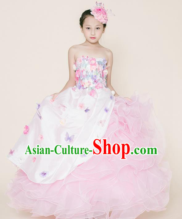 Top Grade Compere Professional Performance Catwalks Costume, Children Chorus Customize Pink Bubble Full Dress Modern Dance Baby Princess Modern Fancywork Ball Gown Long Dress for Girls Kids