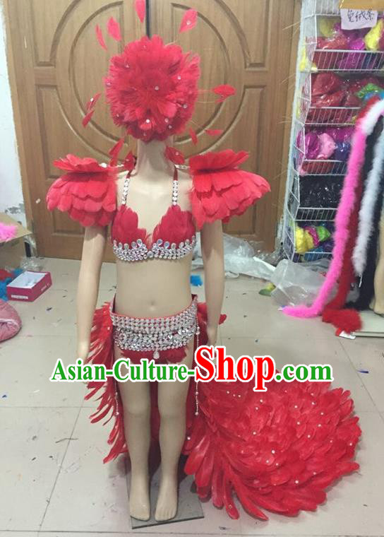 Top Grade Compere Professional Performance Catwalks Swimsuit Costume, Children Chorus Customize Red Full Dress Modern Dance Baby Princess Modern Fancywork Long Trailing Clothing for Girls Kids