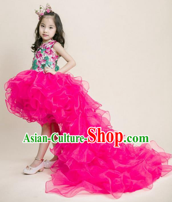 Top Grade Compere Professional Performance Catwalks Costume, Children Chorus Pink Veil Formal Dress Modern Dance Baby Princess Modern Fancywork Long Trailing Dress for Girls Kids