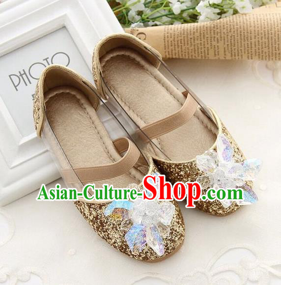 Top Grade Handmade Classical Crystal Shoes, Children Baroque Style Wedding Princess Golden Dance Shoes for Kids Girls