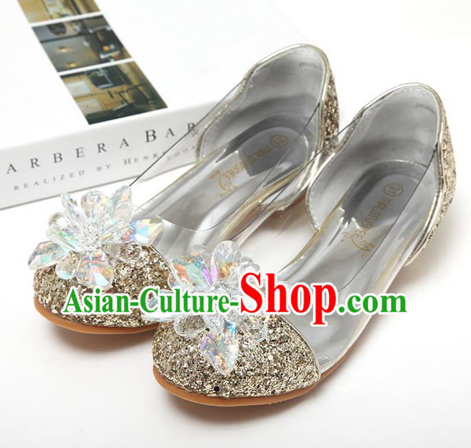 Top Grade Handmade Classical Crystal Dance Shoes, Children Baroque Style Wedding Princess Golden Dance Shoes for Girls