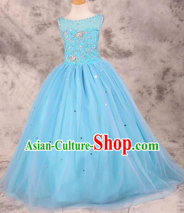 Top Grade Compere Professional Performance Catwalks Costume, Children Chorus Blue Bubble Wedding Full Dress Modern Dance Baby Princess Modern Fancywork Dress for Girls Kids