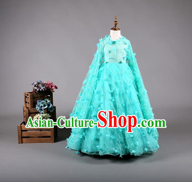 Top Grade Compere Professional Performance Catwalks Costume, Children Chorus Blue Bubble Batwing Sleeve Full Dress Modern Dance Baby Princess Modern Fancywork Dress for Girls Kids