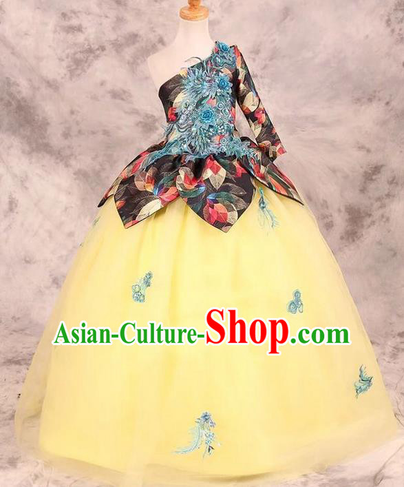 Top Grade Compere Professional Performance Catwalks Costume, Children Chorus Yellow Bubble Wedding Full Dress Modern Dance Baby Princess Modern Fancywork Dress for Girls Kids