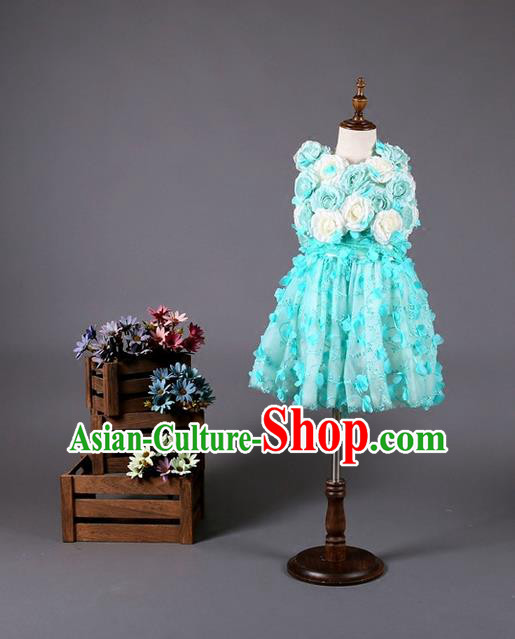 Top Grade Compere Professional Performance Catwalks Costume, Children Chorus Customize Blue Flowers Bubble Full Dress Modern Dance Baby Princess Modern Fancywork Short Dress for Girls Kids