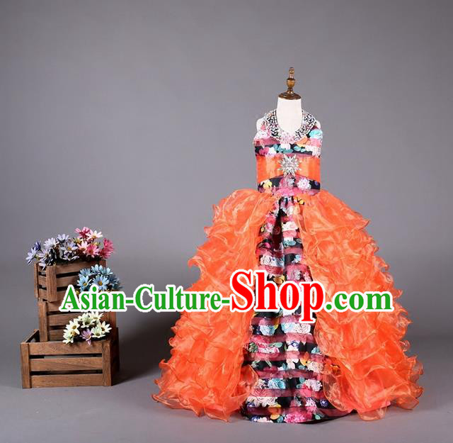 Top Grade Compere Professional Performance Catwalks Costume, Children Chorus Customize Red Flowers Bubble Full Dress Modern Dance Baby Princess Modern Fancywork Long Ball Gown Dress for Girls Kids