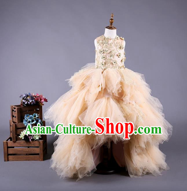 Top Grade Compere Professional Performance Catwalks Costume, Children Chorus Customize Champagne Bubble Veil Diamante Full Dress Modern Dance Baby Princess Modern Fancywork Long Trailing Ball Gown Dress for Girls Kids