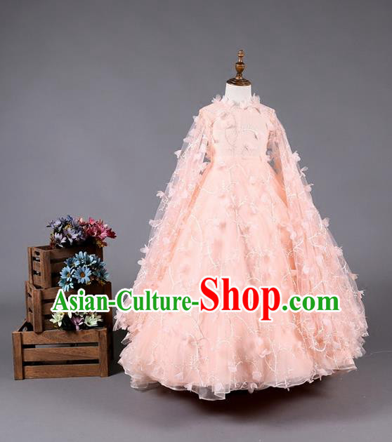 Top Grade Compere Professional Performance Catwalks Costume, Children Chorus Pink Bubble Batwing Sleeve Full Dress Modern Dance Baby Princess Modern Fancywork Dress for Girls Kids