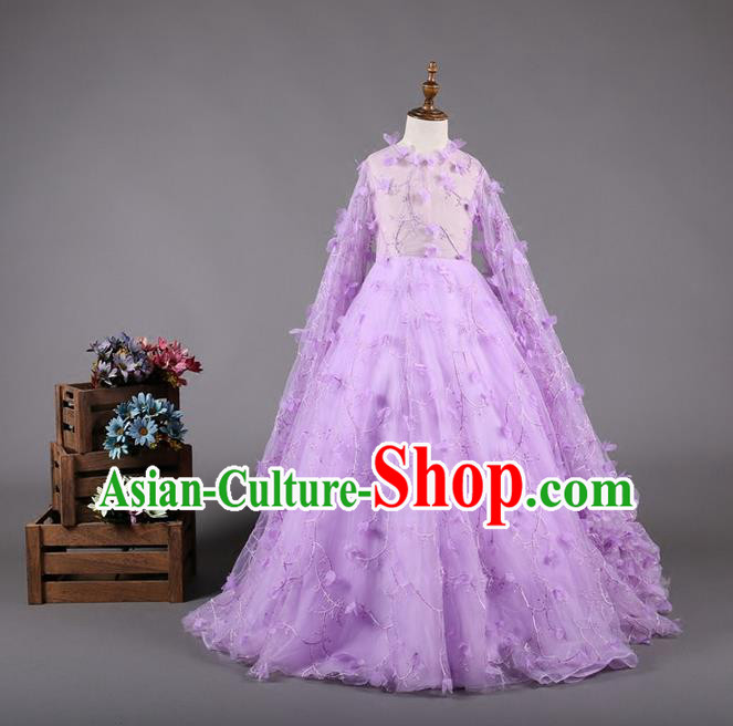 Top Grade Compere Professional Performance Catwalks Costume, Children Chorus Purple Bubble Batwing Sleeve Full Dress Modern Dance Baby Princess Modern Fancywork Dress for Girls Kids