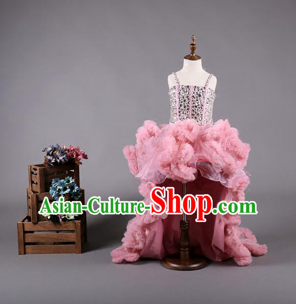 Top Grade Compere Professional Performance Catwalks Costume, Children Chorus Customize Pink Bubble Full Dress Modern Dance Baby Princess Modern Fancywork Long Trailing Dress for Girls Kids