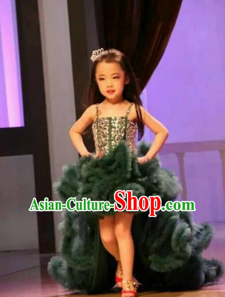 Top Grade Compere Professional Performance Catwalks Costume, Children Chorus Customize Green Bubble Full Dress Modern Dance Baby Princess Modern Fancywork Long Trailing Dress for Girls Kids