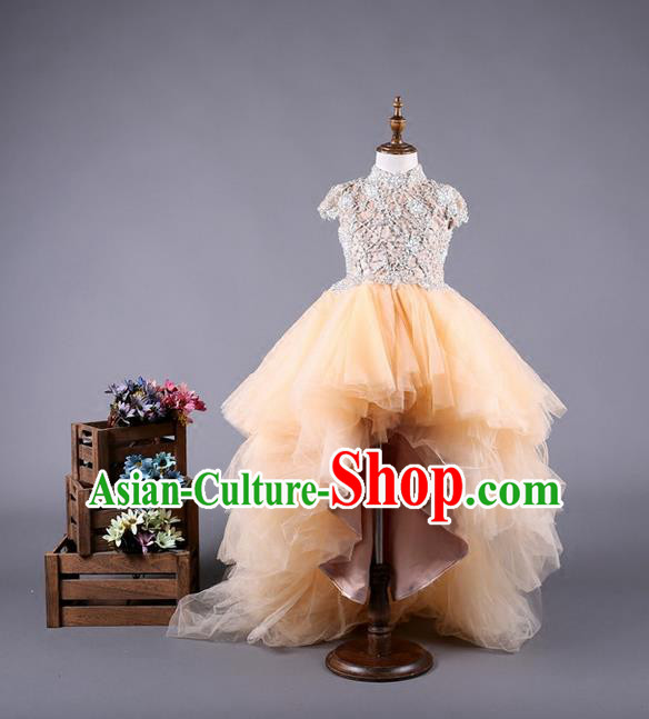 Top Grade Compere Professional Performance Catwalks Costume, Children Chorus Customize Champagne Wedding Bubble Full Dress Modern Dance Baby Princess Modern Fancywork Long Trailing Dress for Girls Kids